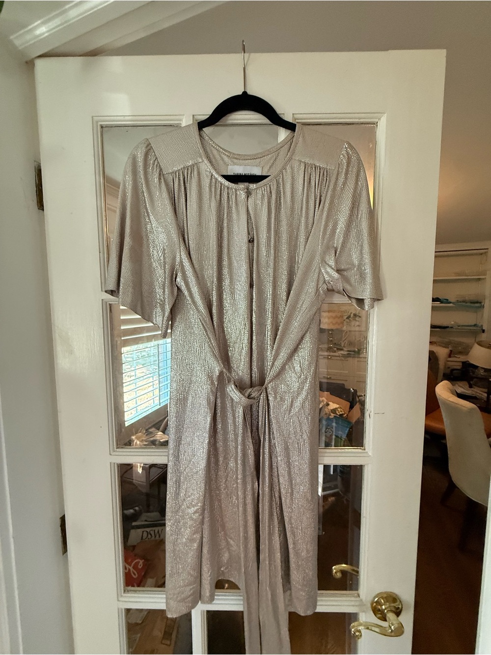 Sabina Musayev Shimmery Silver-Taupe Tie-Front Midi Dress